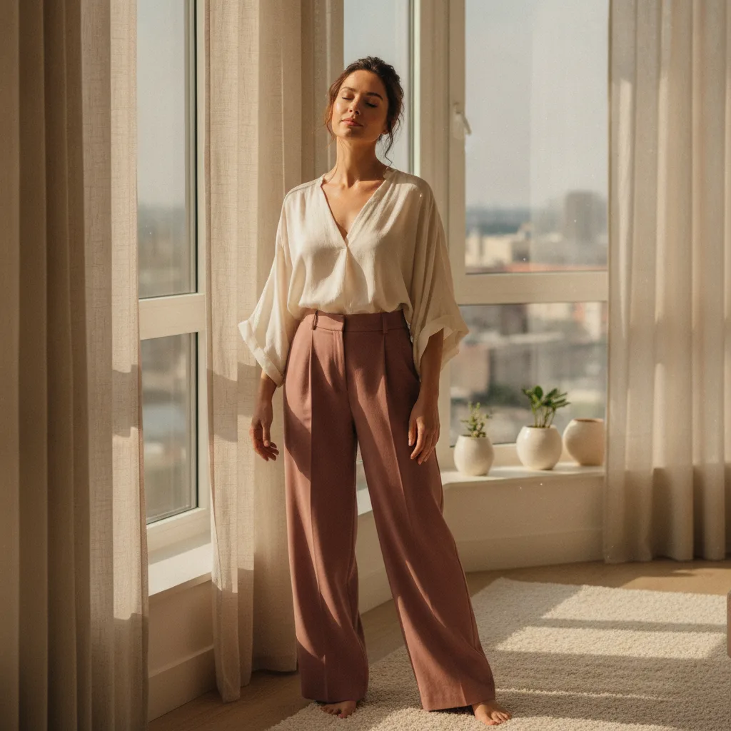 Woman standing tall by a sun-filled window, confident posture