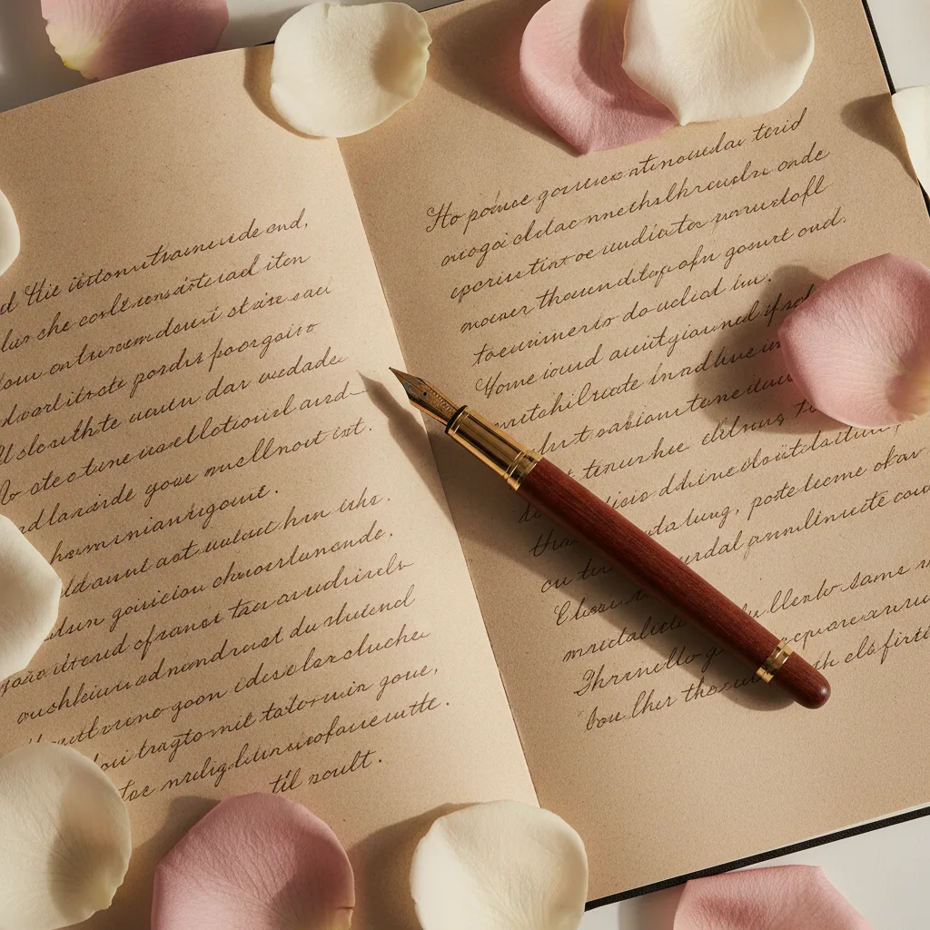 Open notebook with handwriting, soft rose and cream tones